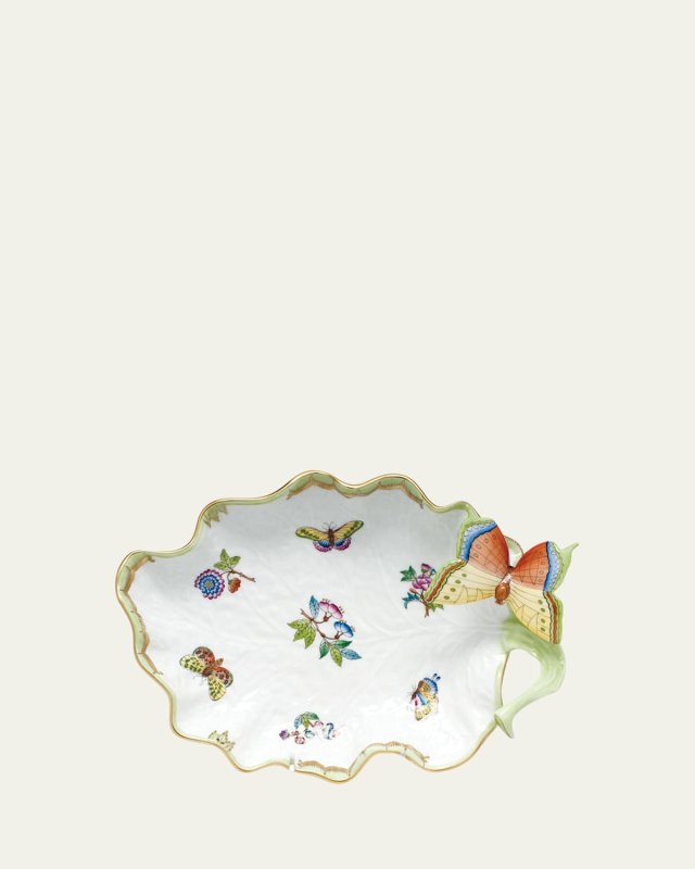 Queen Victoria Green Large Leaf Dish with Butterfly